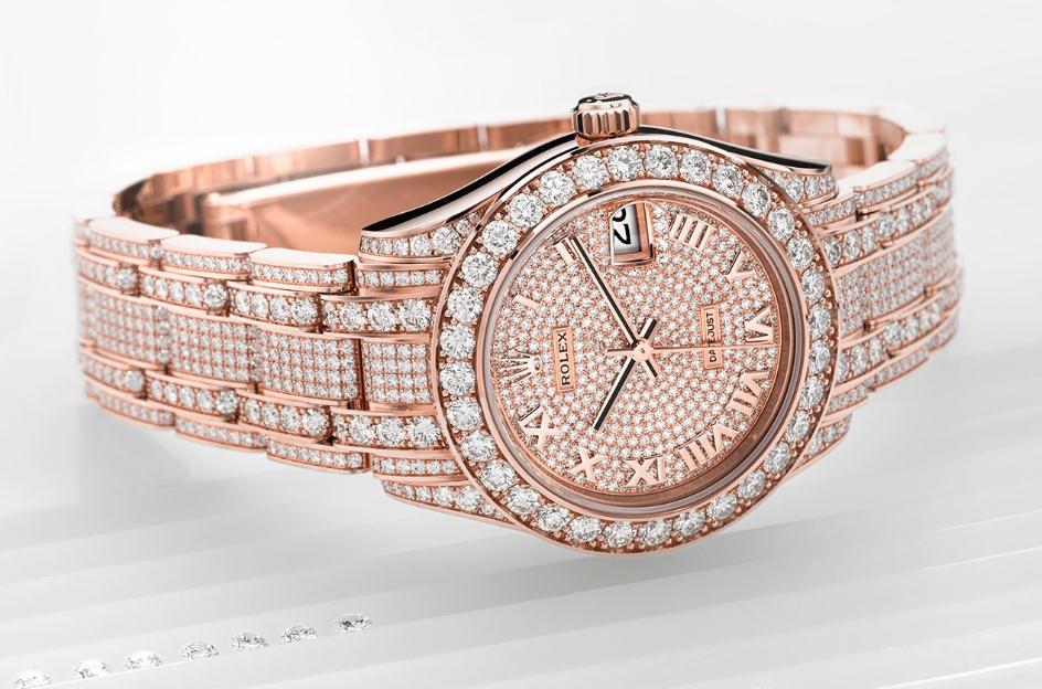 The 18ct everose gold fake watches are decorated with diamonds.